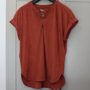 Cupio Faux Suede Lace-Up V-Neck Top – XL – Burnt Orange/Rust